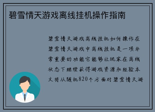 碧雪情天游戏离线挂机操作指南