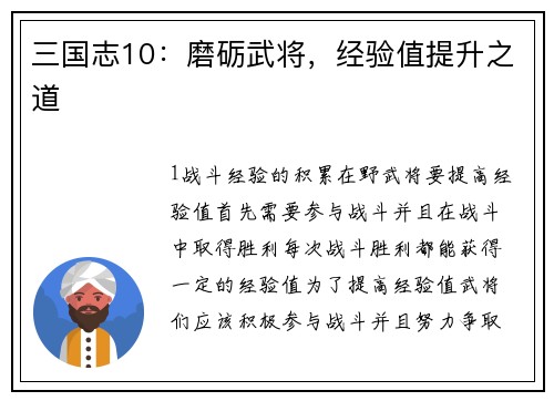 三国志10：磨砺武将，经验值提升之道